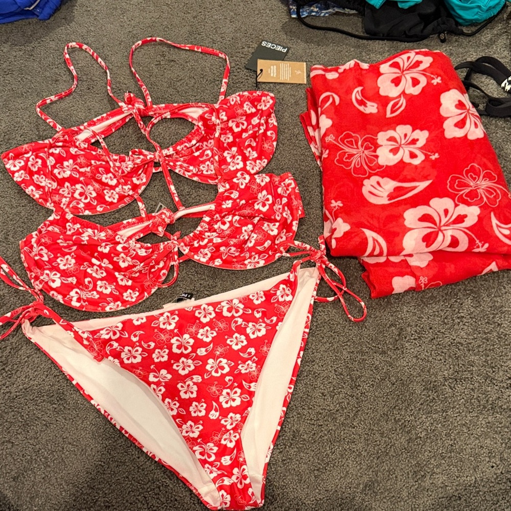 Red Floral Bikini Set with Cover-Up